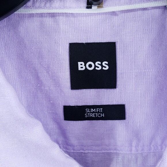 HUGO BOSS Shirt Mens XXL Purple Slim Fit Stretch Linen Chambray ROAN KEN $138 - Picture 2 of 10